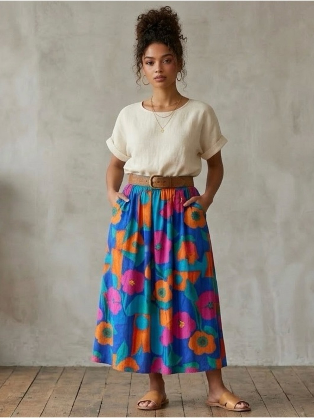 Vintage Lorenzo Vibrant Summer Floral Elastic Band Midi Skirt - Size XL 34”W